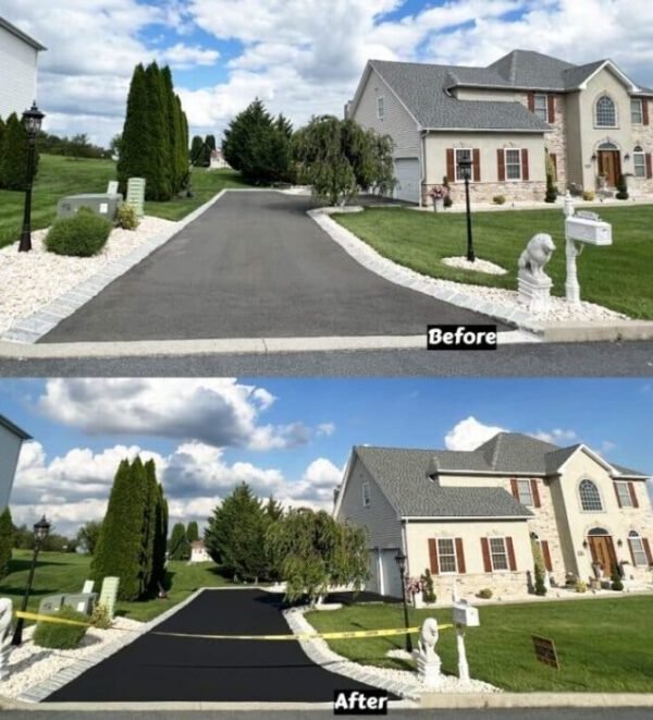 Picture before & after sealcoating a residential driveway.